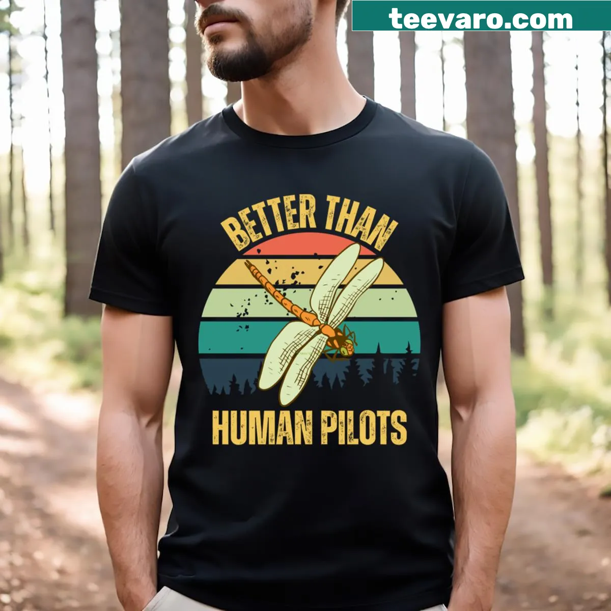 Retro dragonfly T-shirt with vintage sunset design — on a men's t-shirt