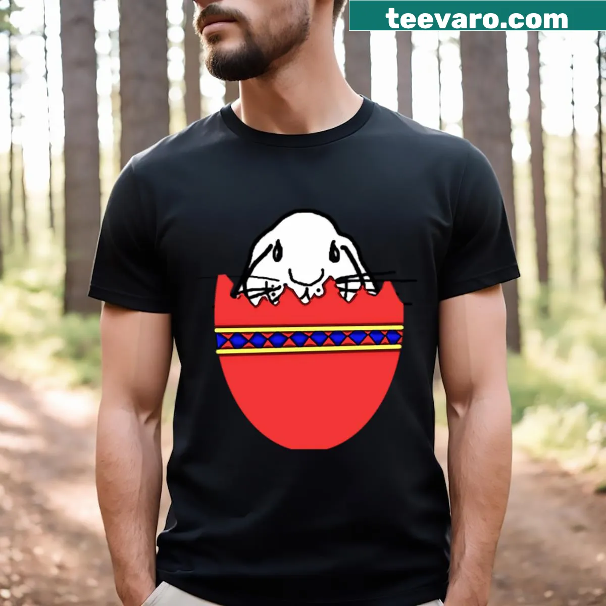 Cute Easter Bunny illustration inside an egg on a t-shirt — on a men's t-shirt