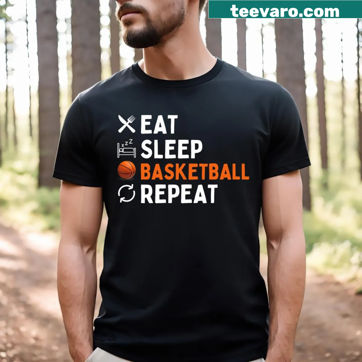 Typography design of Eat Sleep Basketball Repeat — on a men's t-shirt