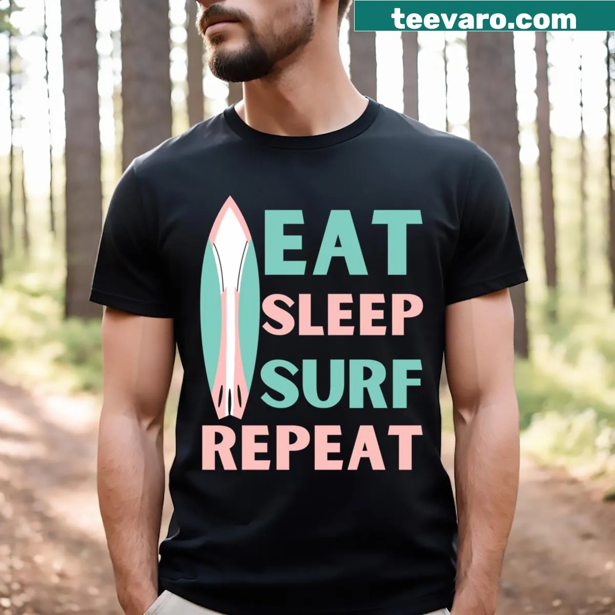 Typography design of Eat Sleep Surf Repeat — on a men's t-shirt
