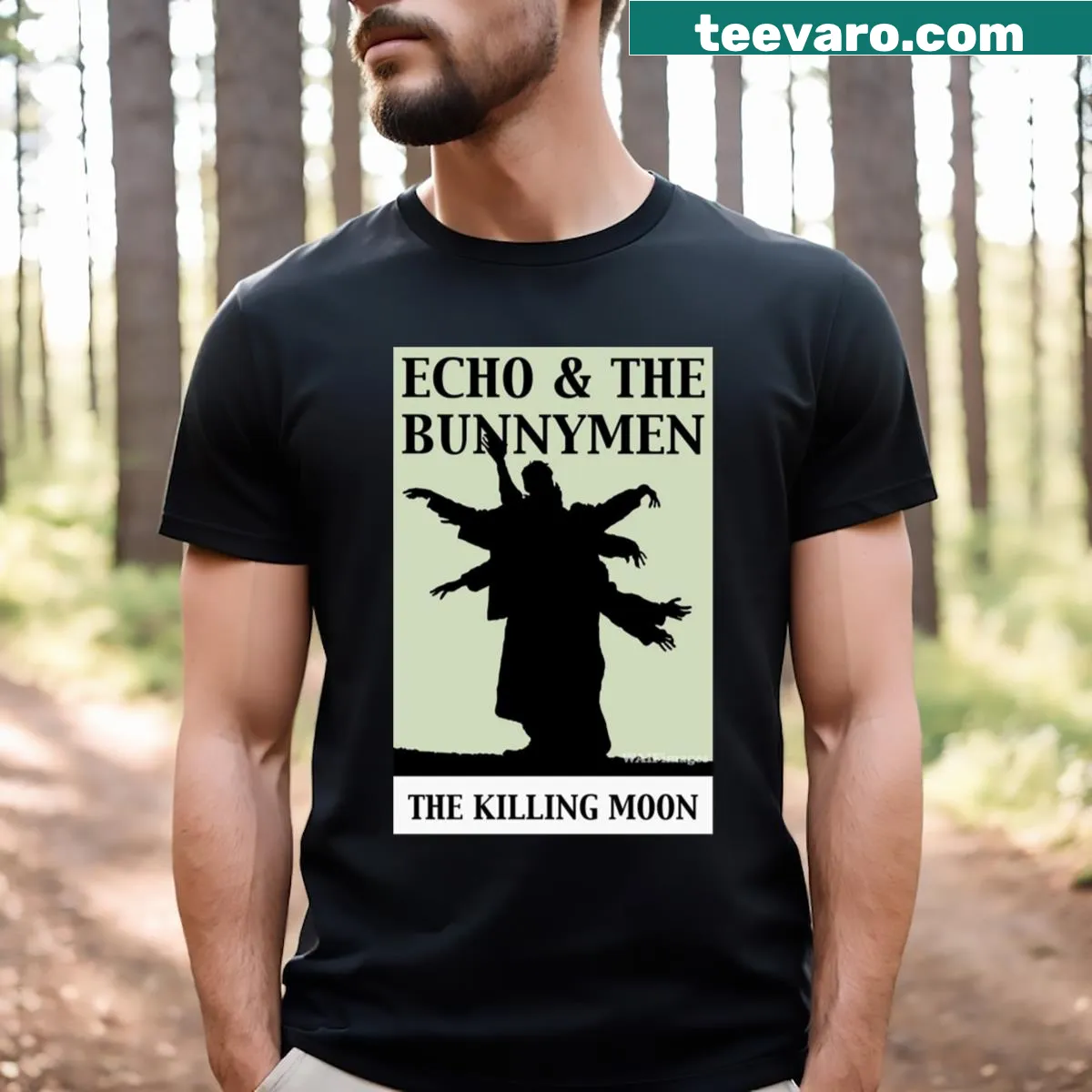 T-shirt honoring Echo & The Bunnymen with Killing Moon design — on a men's t-shirt