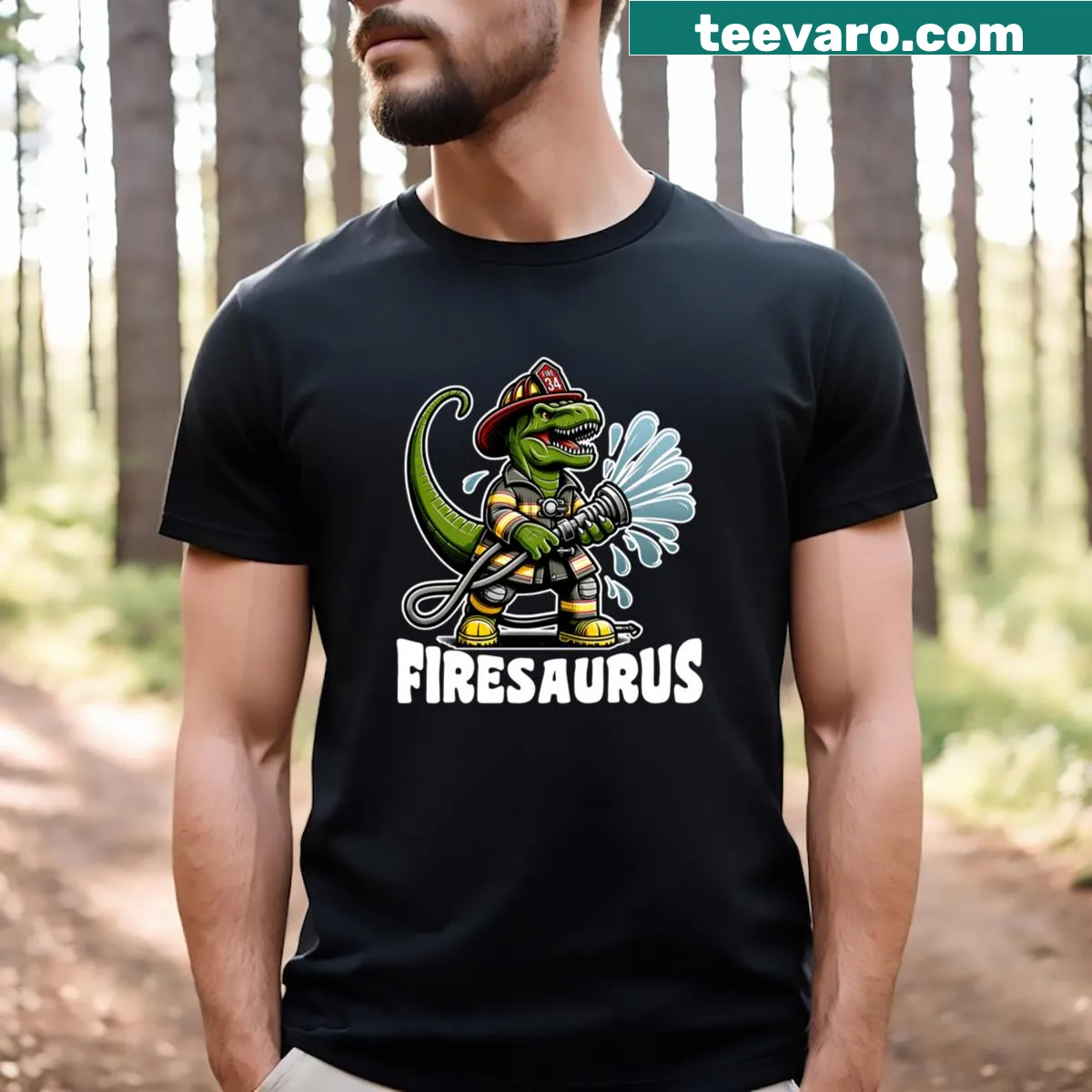 Cartoon dinosaur firefighter graphic on a T-shirt. — on a men's t-shirt
