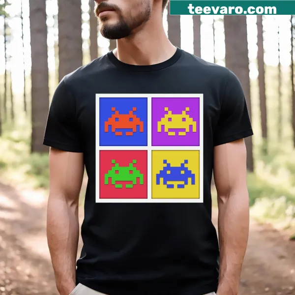Retro Space Invaders graphic on a T-shirt.