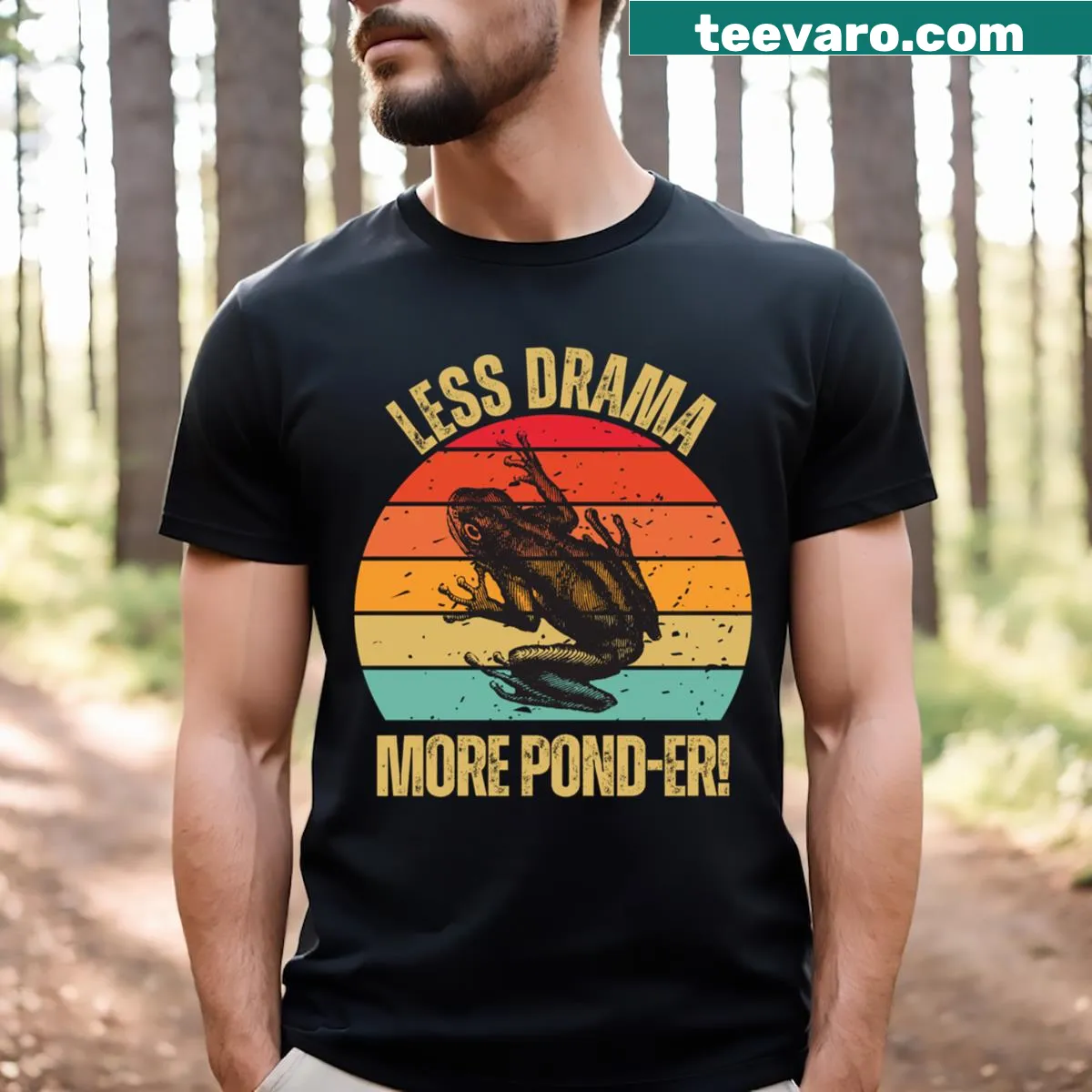 Vintage-style T-shirt with a retro sunset and playful frog design — on a men's t-shirt