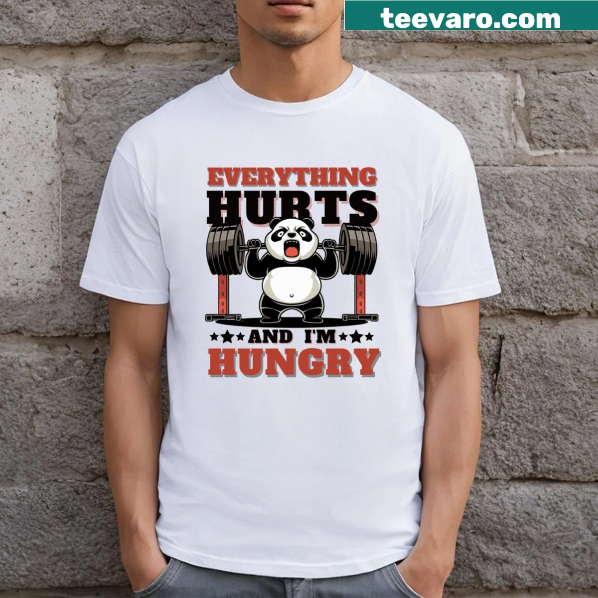 Playful workout shirt featuring panda and 'Everything Hurts And I'm Hungry' text — on a men's t-shirt