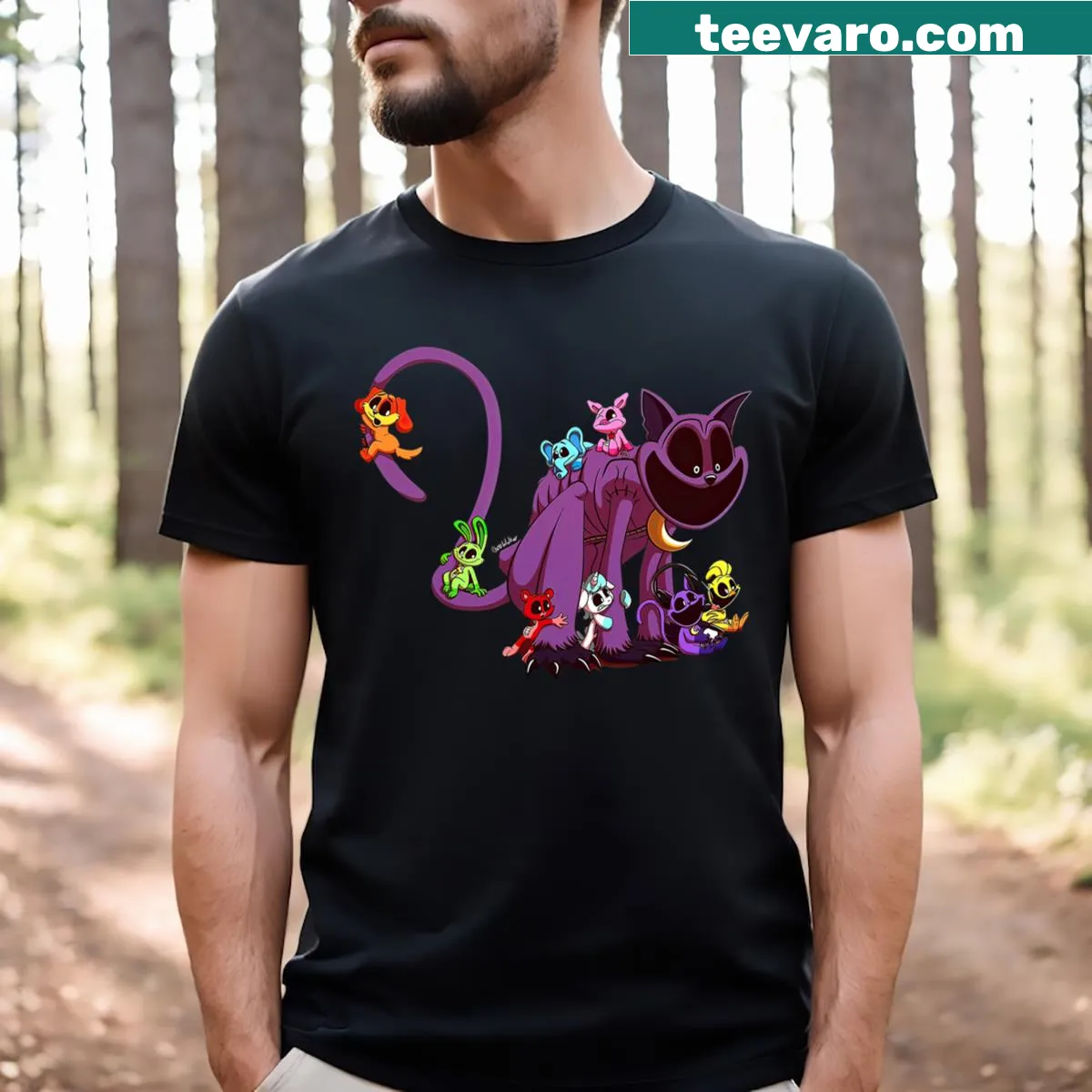 Charming T-shirt with cartoon critters enjoying catnaps — on a men's t-shirt