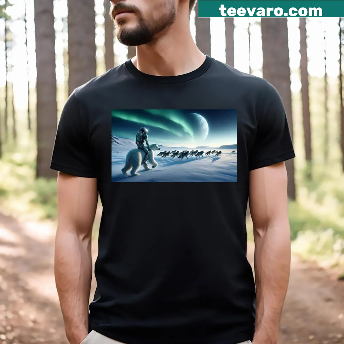 Illustrative t-shirt featuring a stellar migration graphic — on a men's t-shirt