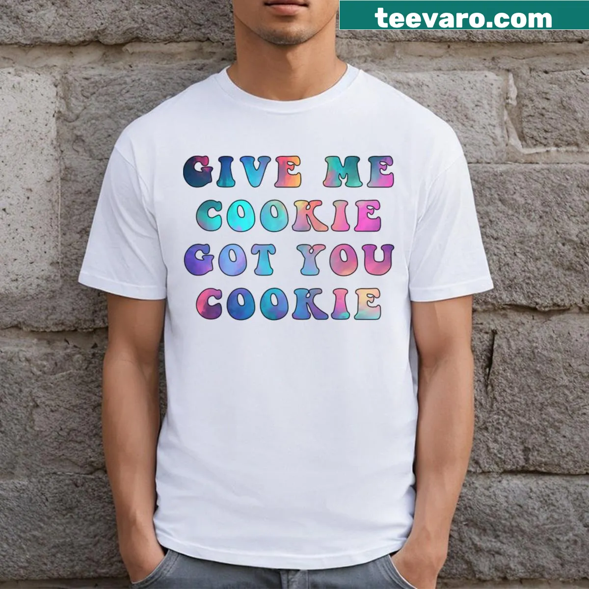 Funny cookie-themed t-shirt with playful text about sharing cookies — on a men's t-shirt