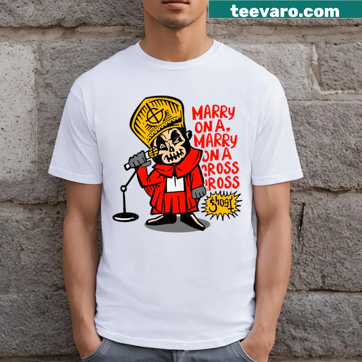 T-shirt featuring bold Ghost band graphic design for music fans — on a men's t-shirt