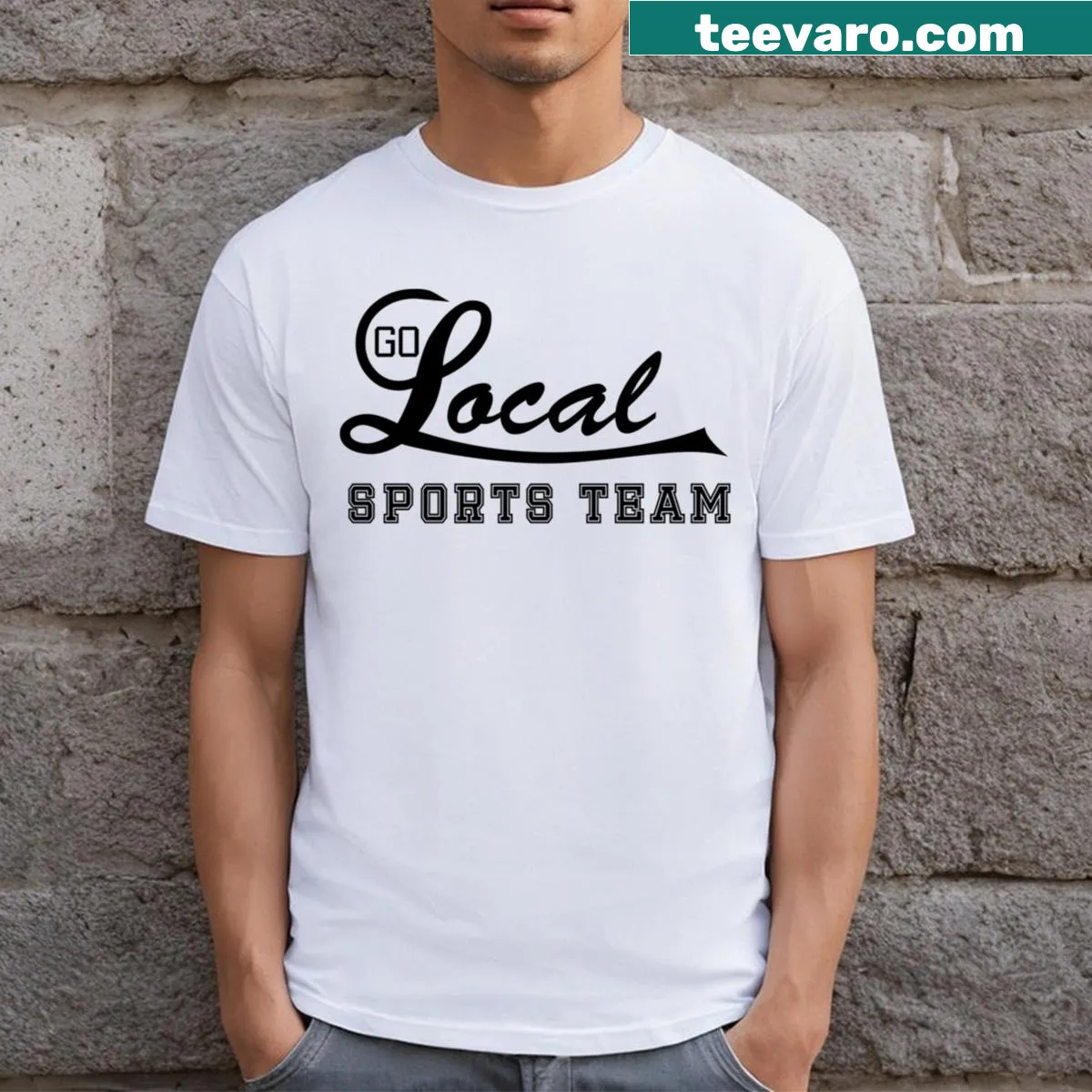 Black text t-shirt supporting local sports teams — on a men's t-shirt