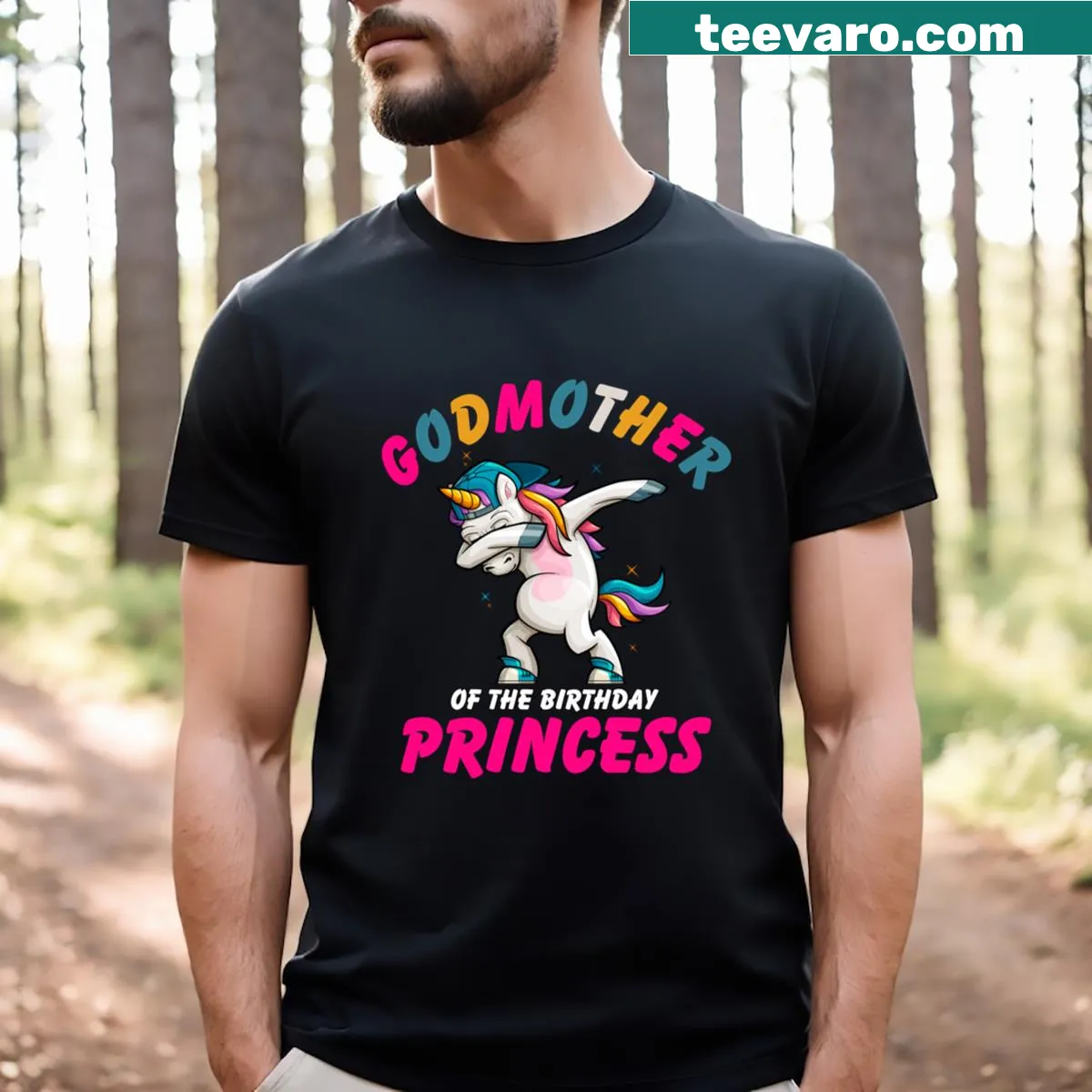 T-shirt for godmother featuring dabbing unicorn and birthday theme — on a men's t-shirt