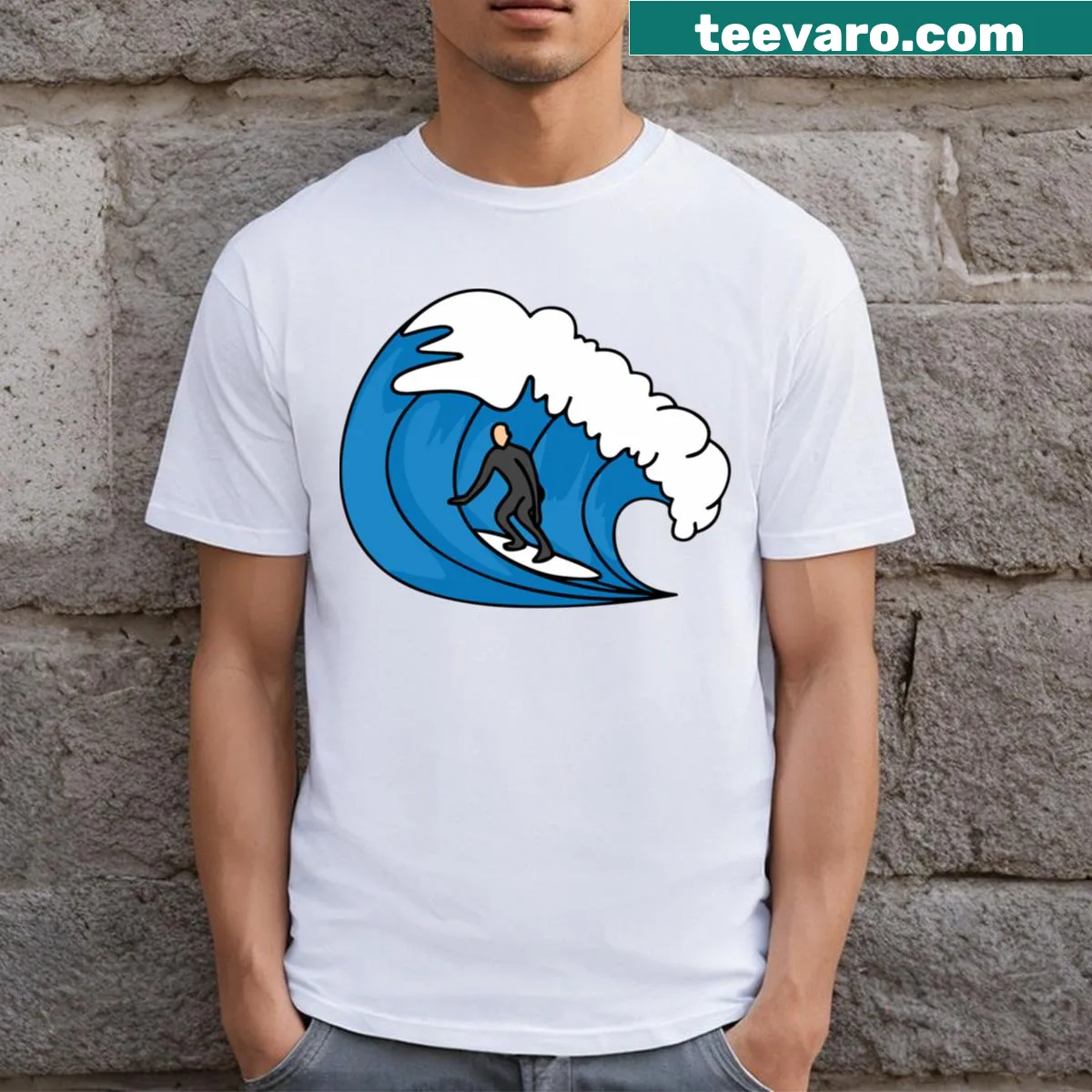Surfer riding a large wave illustration on a t-shirt — on a men's t-shirt