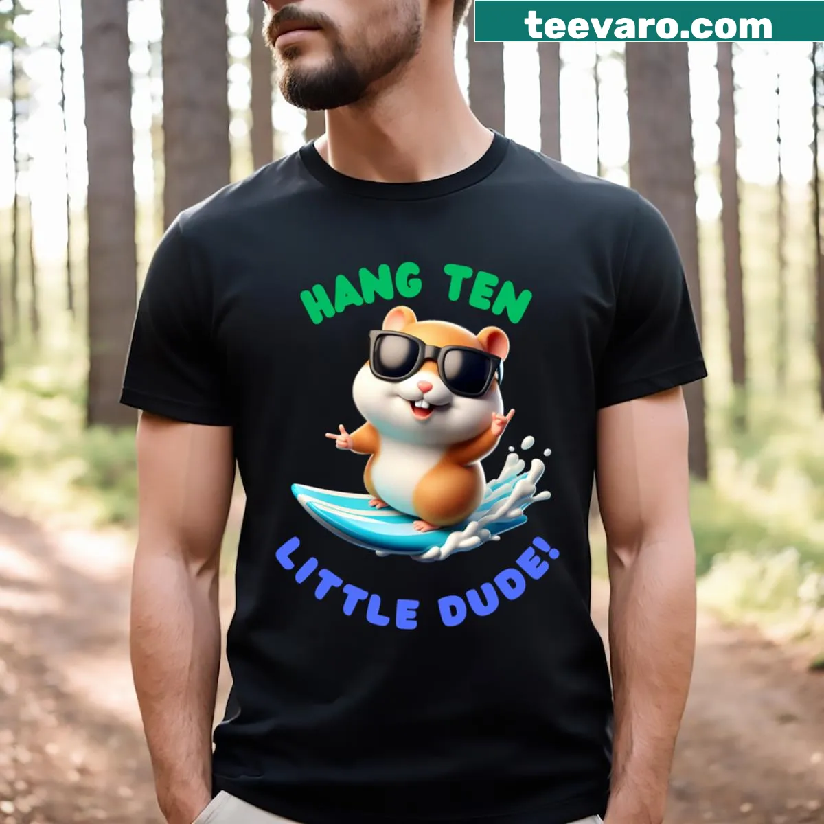 Cute cartoon hamster surfing on a T-shirt — on a men's t-shirt