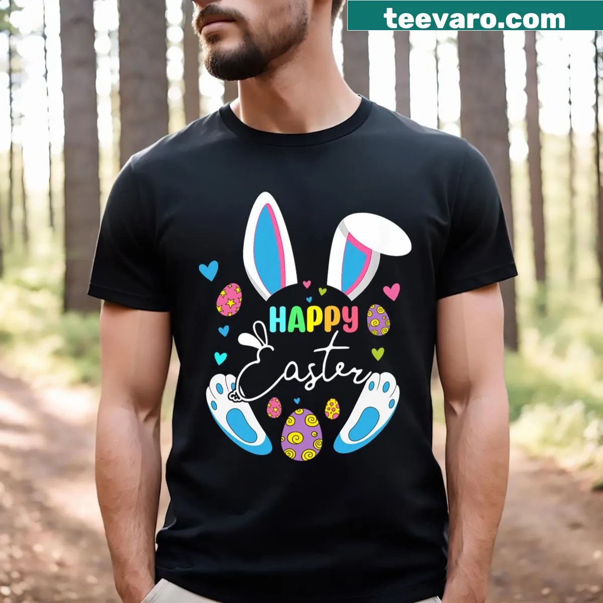 Funny Easter bunny face illustrated on a T-shirt — on a men's t-shirt