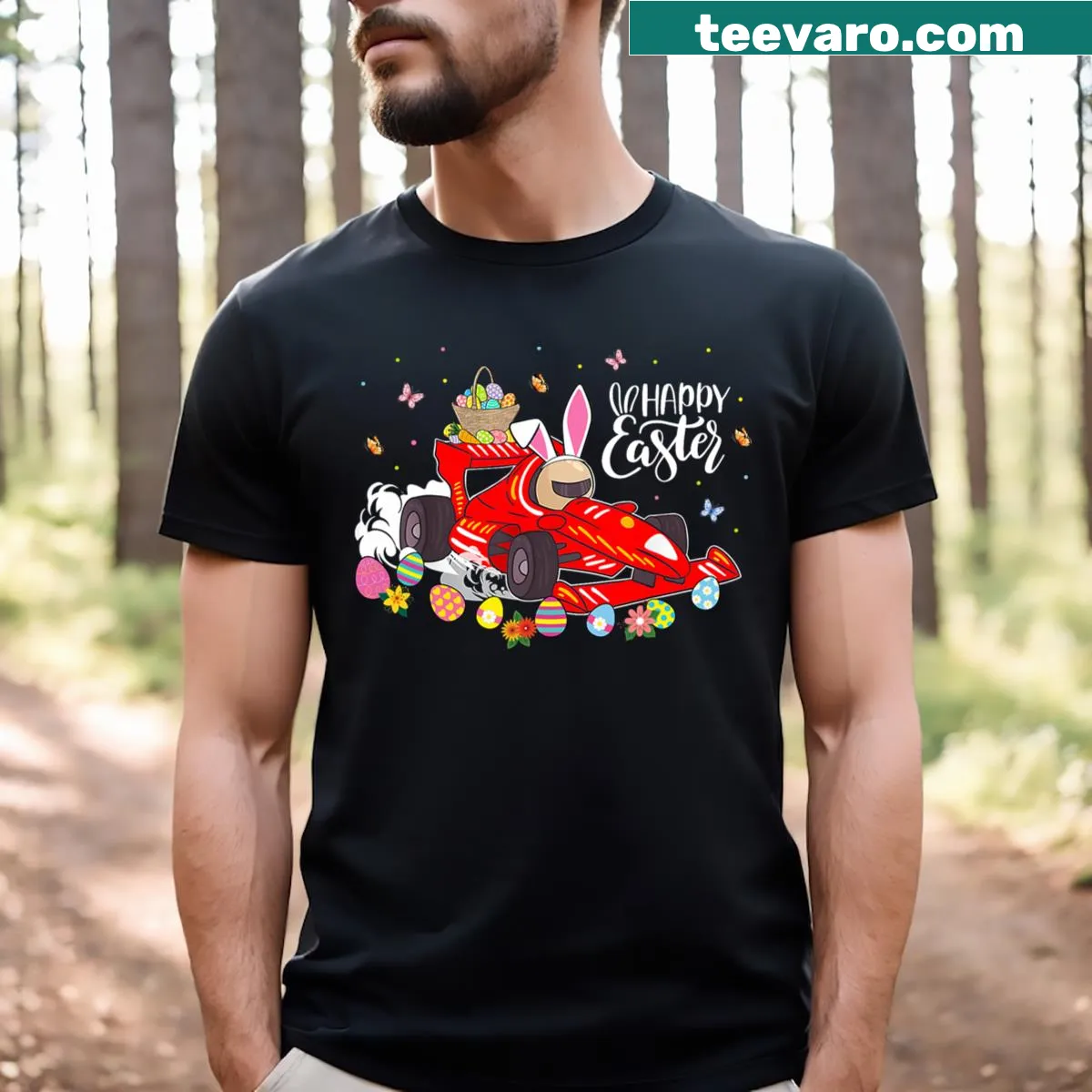 Racing car and colorful eggs illustration for Easter kids t-shirt — on a men's t-shirt