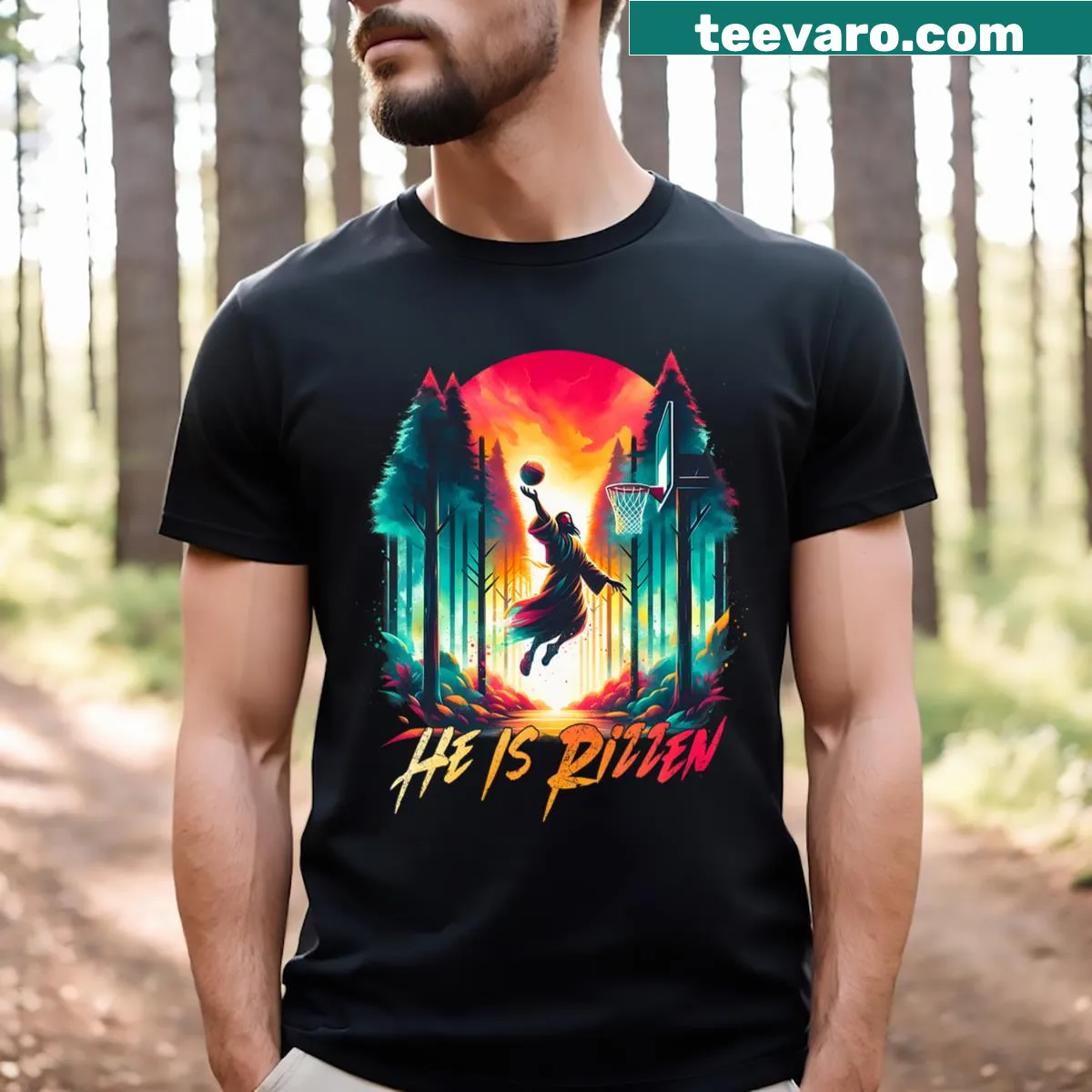 Funny t-shirt featuring 'He Is Rizzen' text and basketball theme — on a men's t-shirt