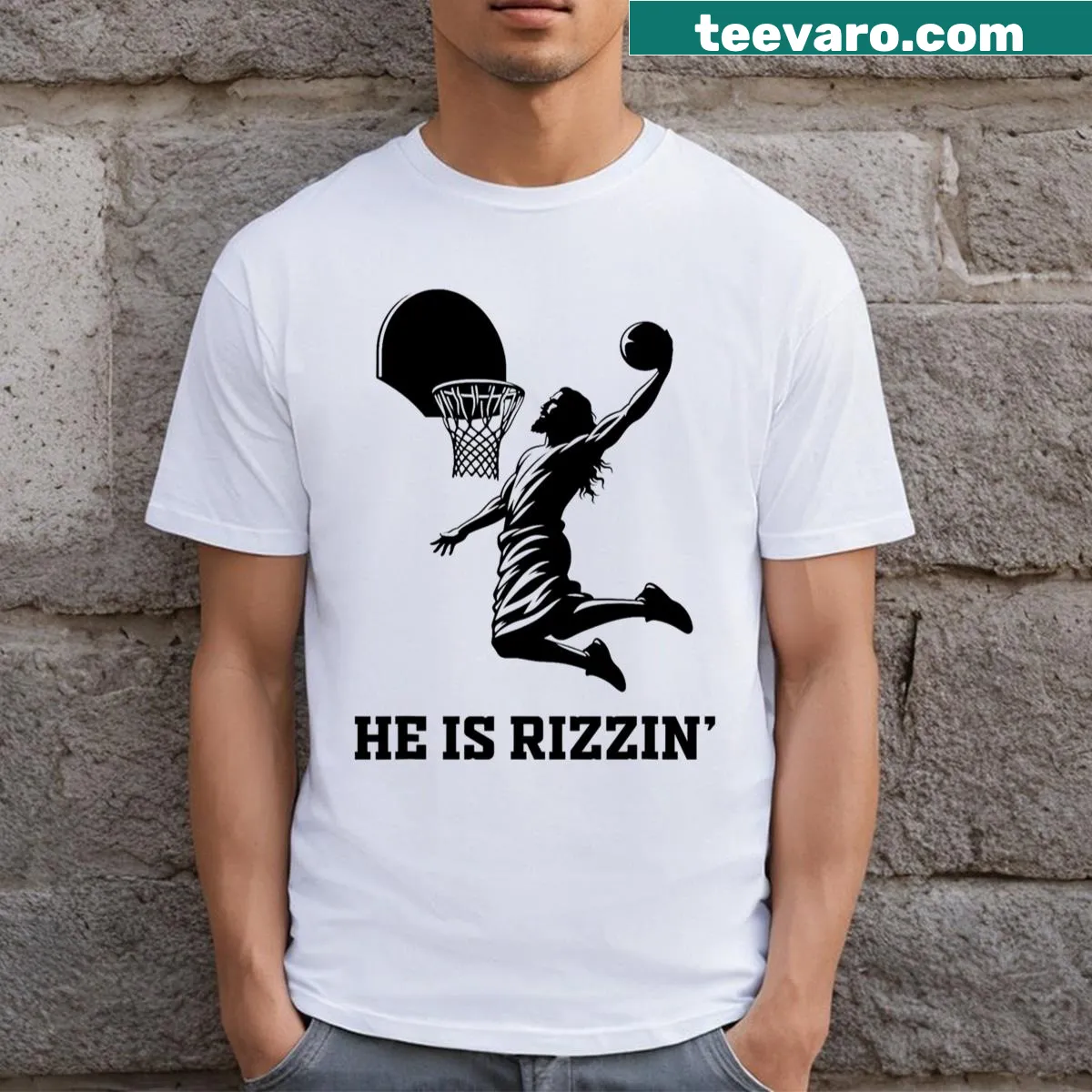 Funny basketball t-shirt with 'He Is Rizzin' graphic for casual wear — on a men's t-shirt