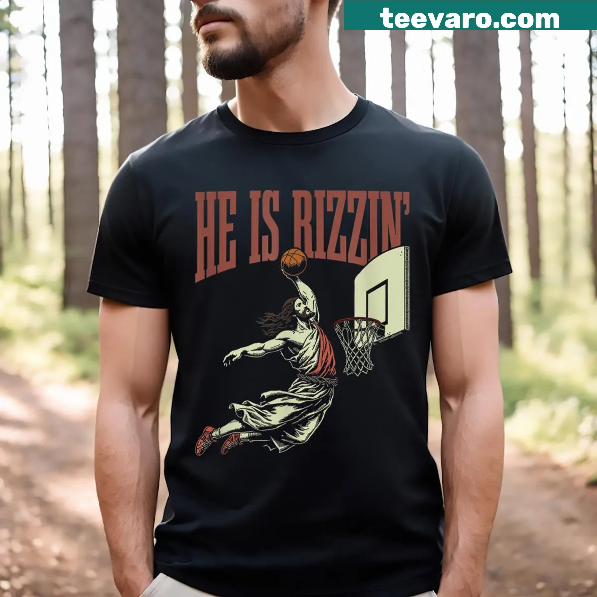 Kids t-shirt with cartoon Jesus playing basketball for Easter celebration — on a men's t-shirt