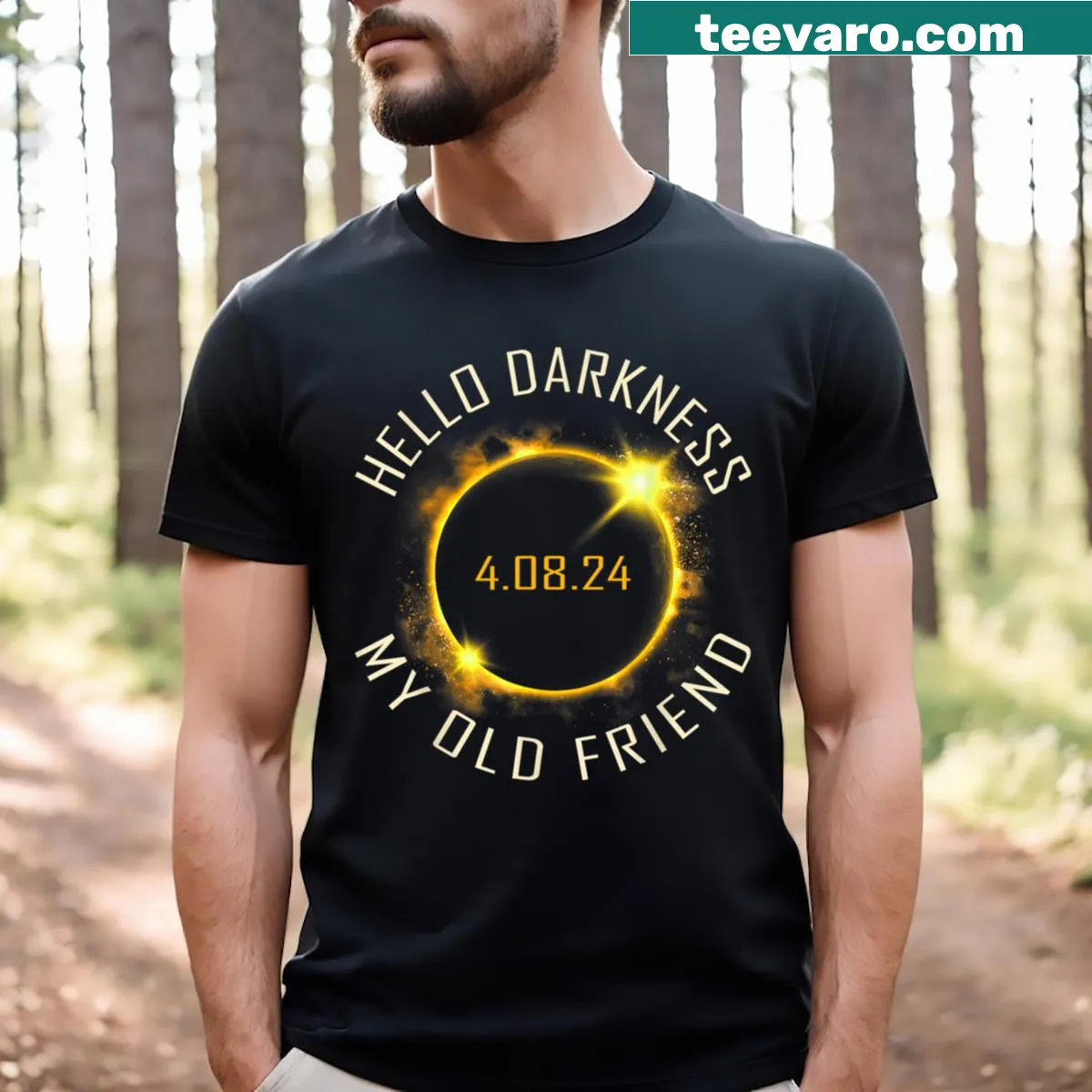 Solar eclipse themed t-shirt with the phrase 'Hello Darkness My Old Friend' — on a men's t-shirt