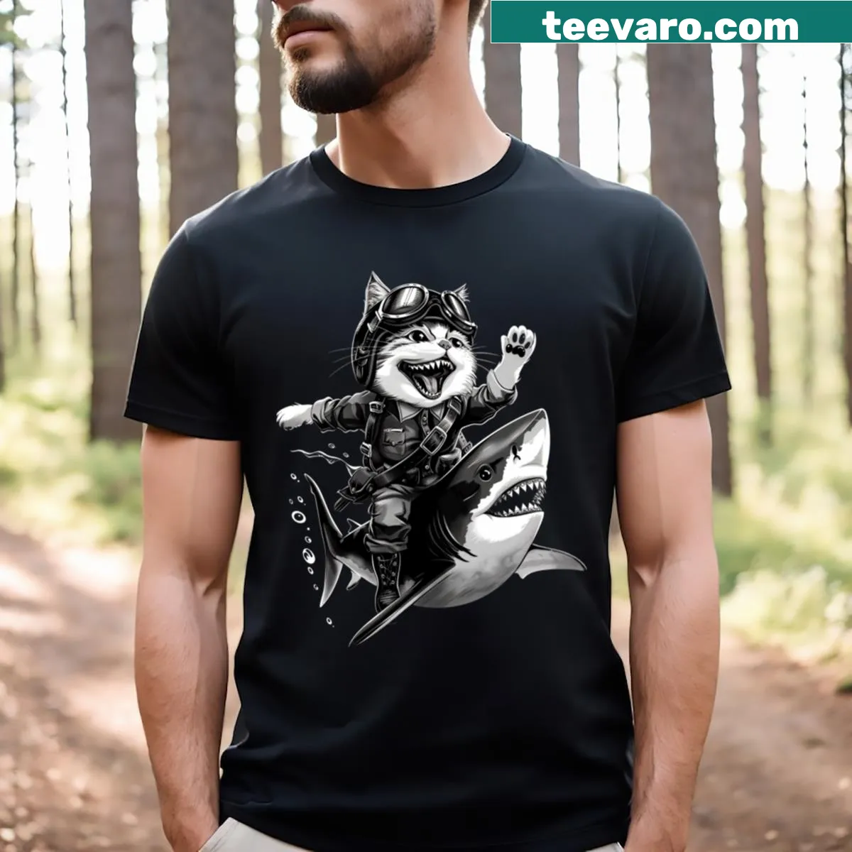 Cat surfing on a shark graphic t-shirt — on a men's t-shirt