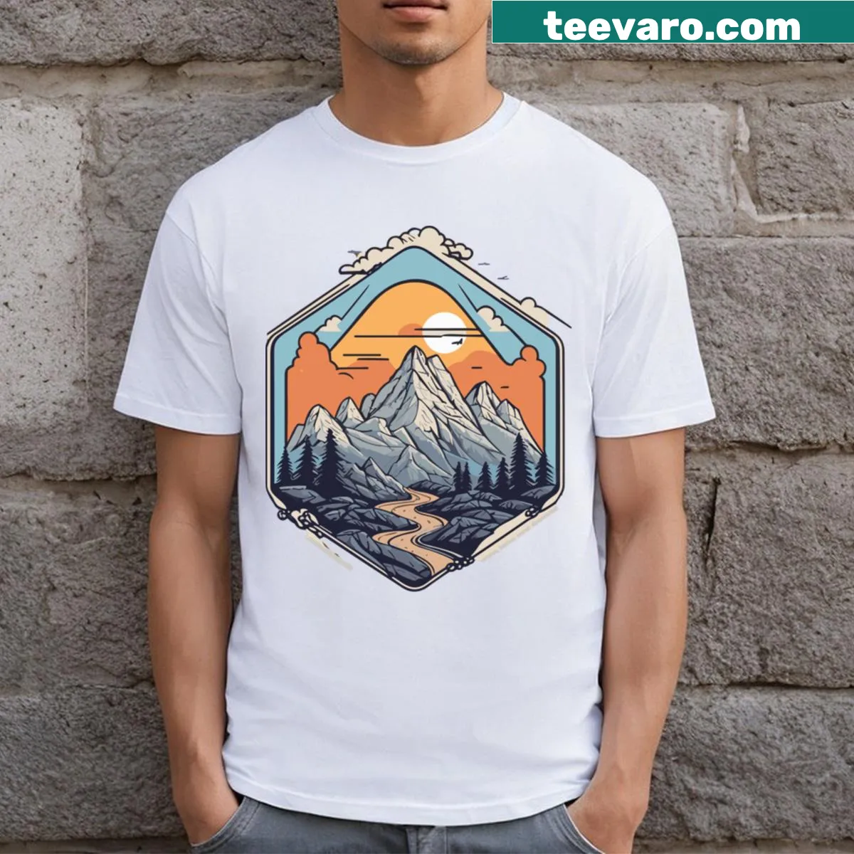 T-shirt featuring a mountain graphic celebrating hiking — on a men's t-shirt
