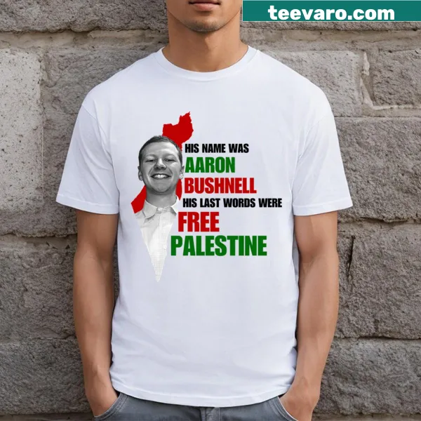 T-shirt with the phrase 'His Last Words Were Free Palestine' in bold typography.
