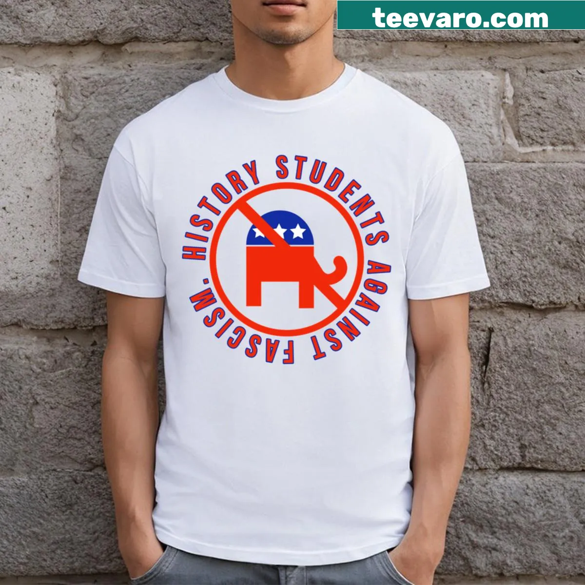 T-shirt with 'History Students Against Fascism' printed statement. — on a men's t-shirt