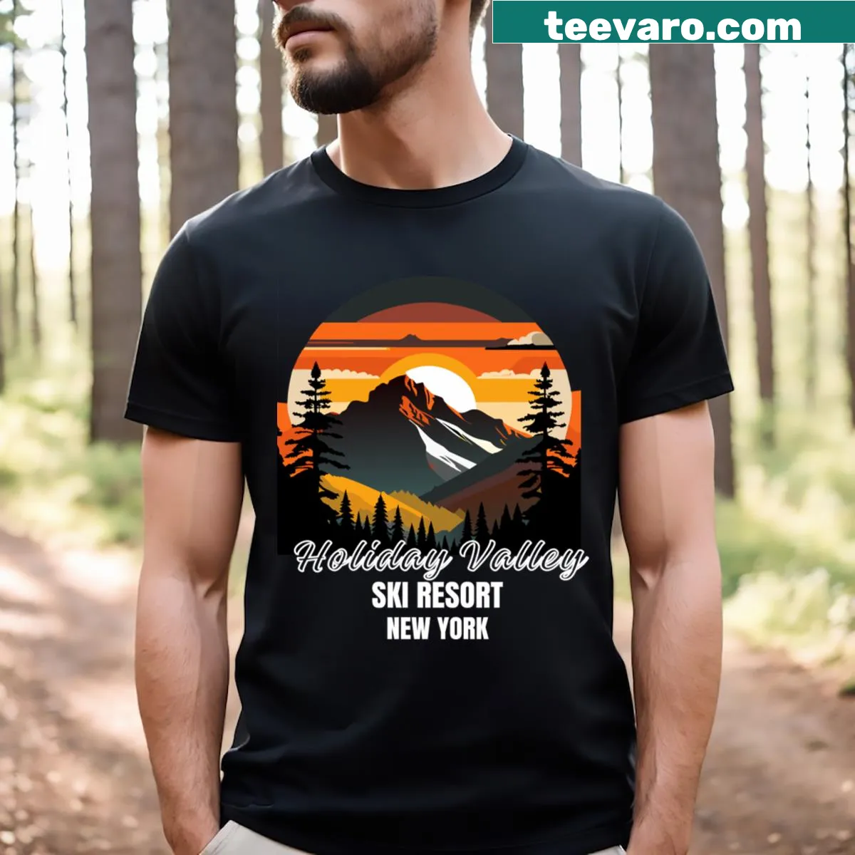 T-shirt with white text design featuring Holiday Valley New York for ski lovers — on a men's t-shirt