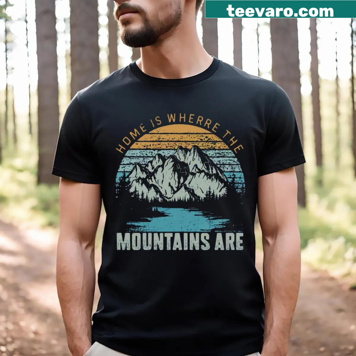Vintage-inspired t-shirt with the phrase about mountains and home — on a men's t-shirt