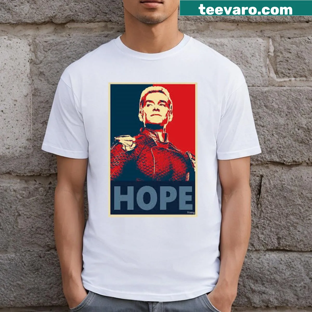 Cartoon design featuring Homelander from popular series — on a men's t-shirt