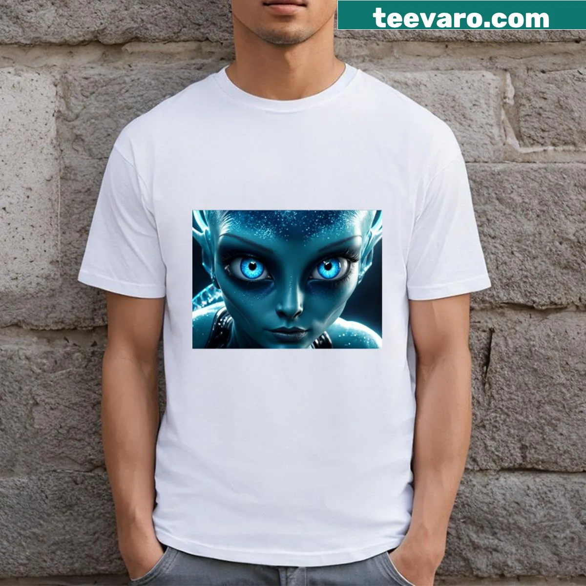 Illustration of a hybrid alien girl on a blue T-shirt — on a men's t-shirt