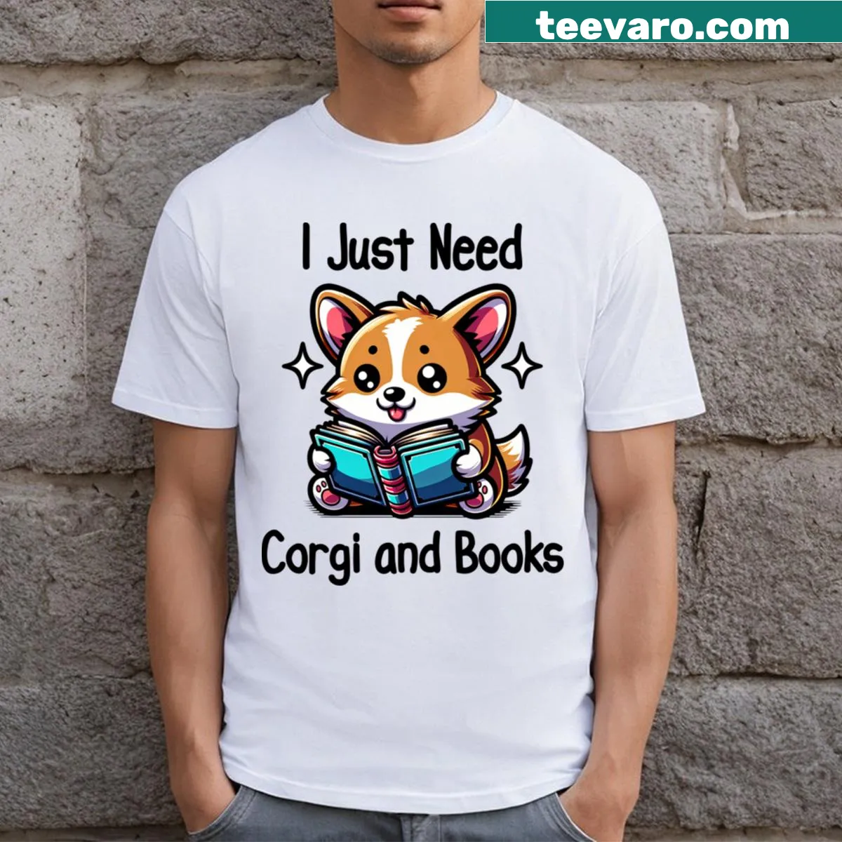T-shirt with the phrase I Just Need Corgi And Books. — on a men's t-shirt
