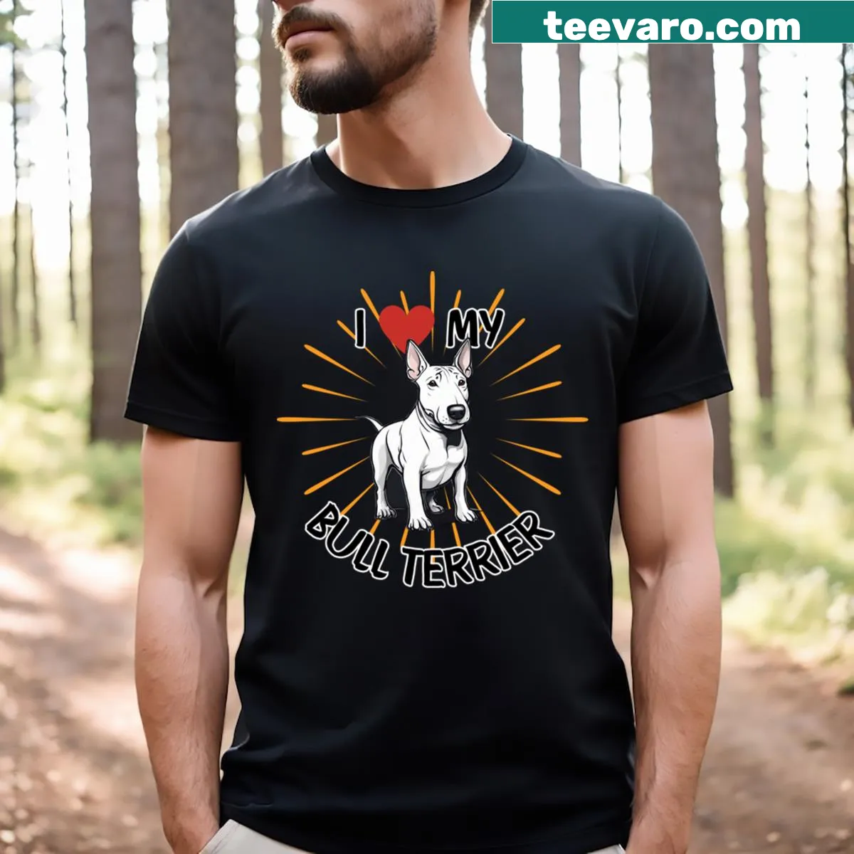 I Love My Bull Terrier T-shirt with playful dog graphics — on a men's t-shirt