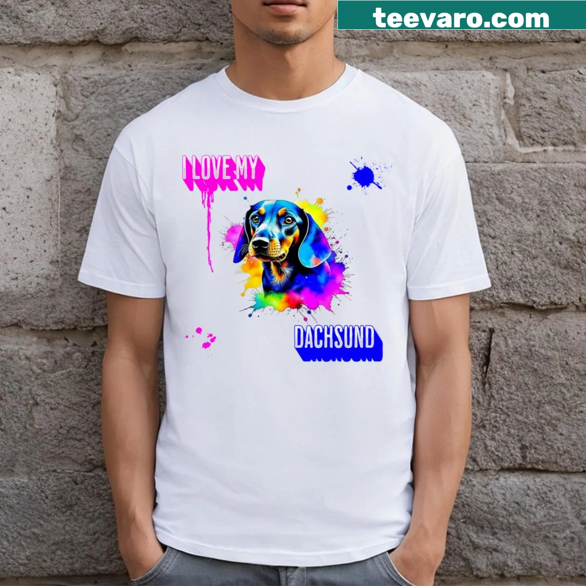 T-shirt featuring the text 'I Love My Dachsund' in cheerful font — on a men's t-shirt