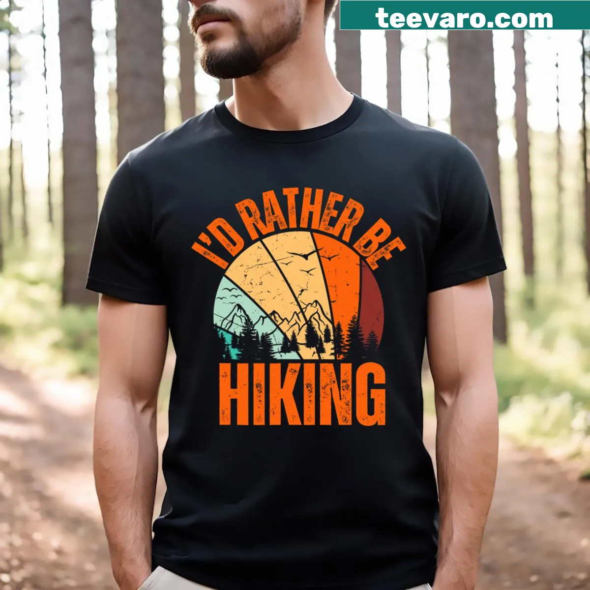 Funny hiking t-shirt with the phrase 'I'd Rather Be Hiking' — on a men's t-shirt