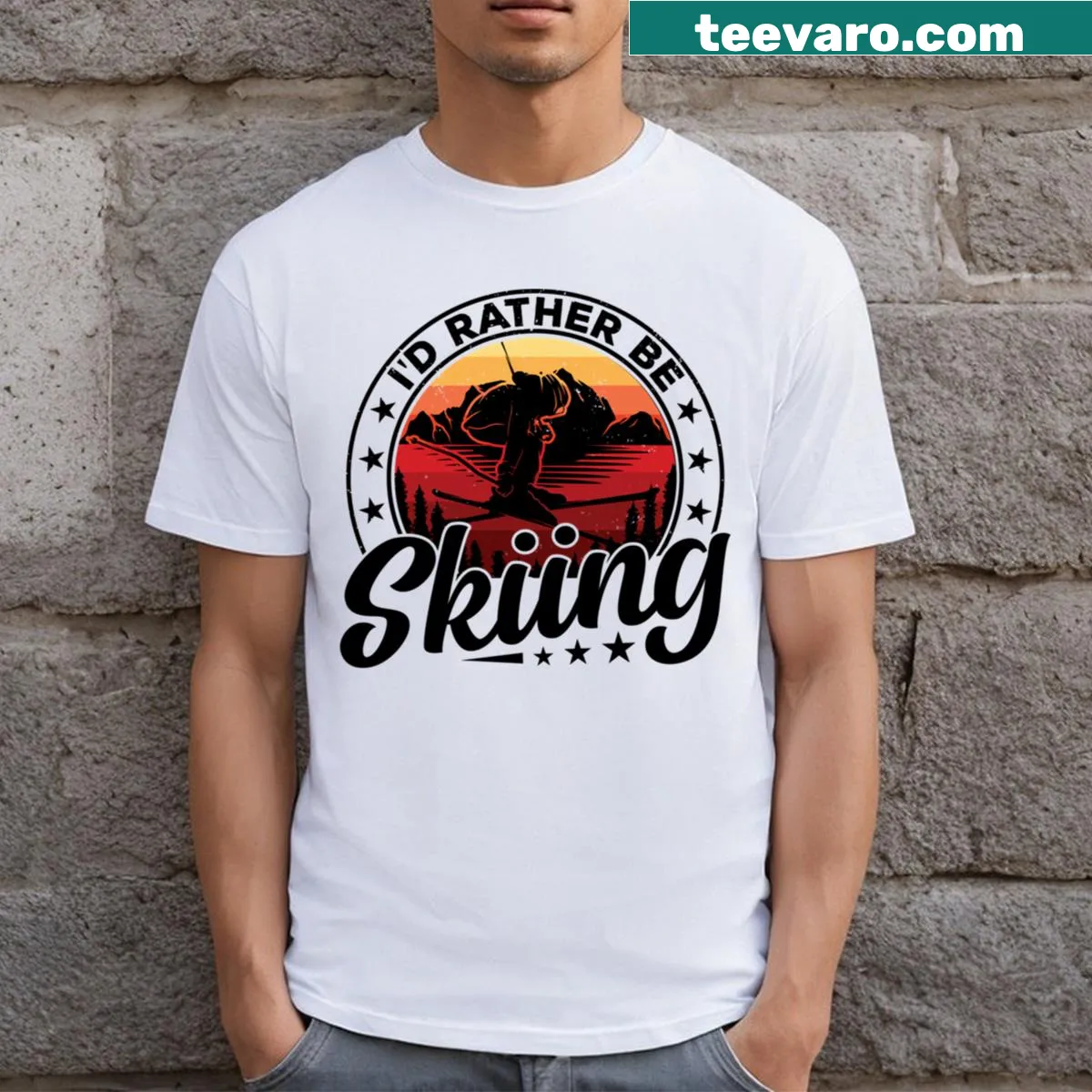 T-shirt with playful text about preferring skiing over other activities — on a men's t-shirt