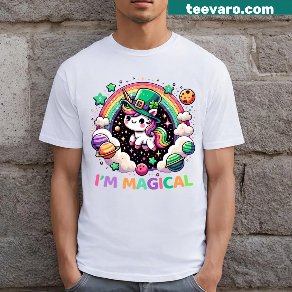 Funny unicorn graphic t-shirt for St. Patrick's Day — on a men's t-shirt