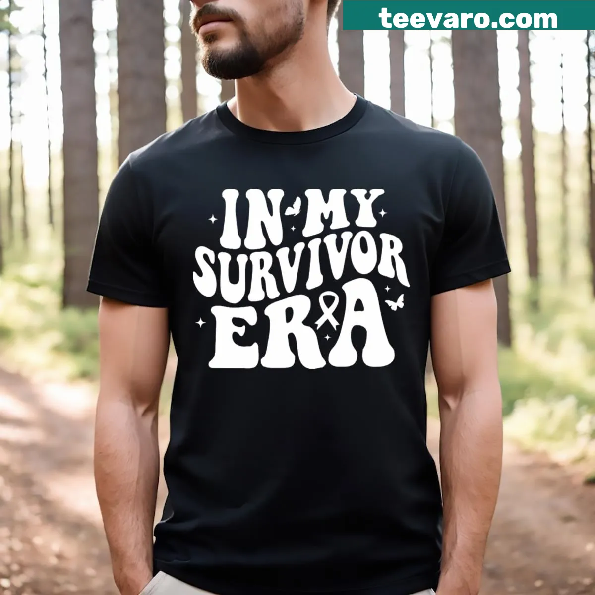 Breast cancer awareness t-shirt with the phrase In My Survivor Era — on a men's t-shirt