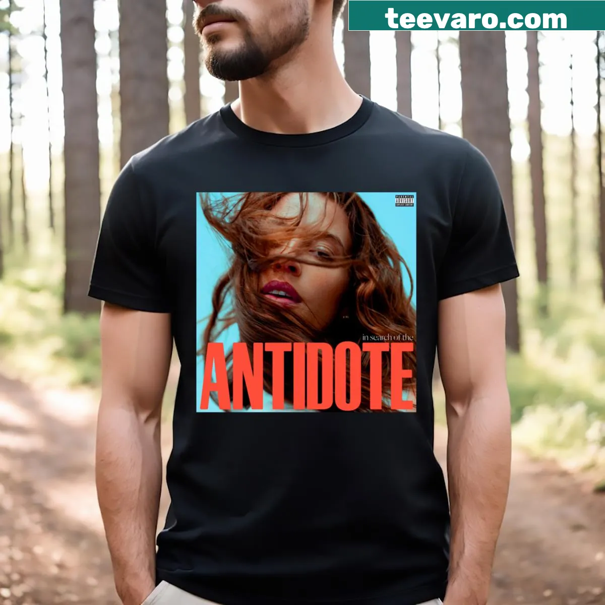 T-shirt with the phrase In Search Of The Antidote — on a men's t-shirt