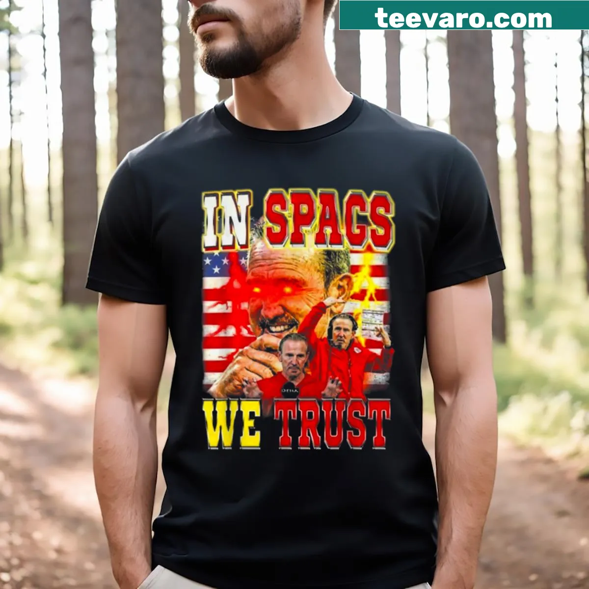 Vintage-style shirt with In Spags We Trust text — on a men's t-shirt
