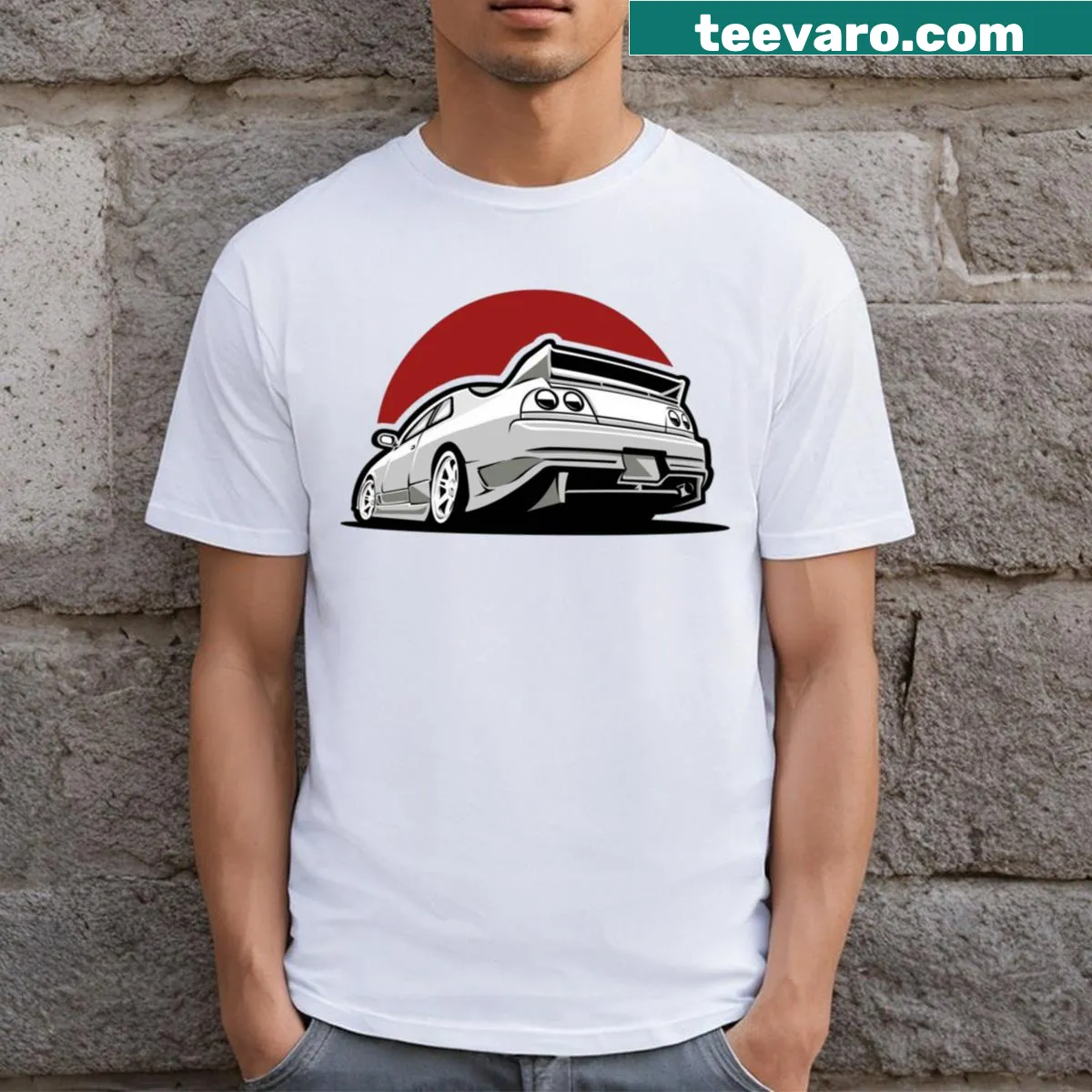T-shirt featuring illustration of JDM R33 skyline — on a men's t-shirt