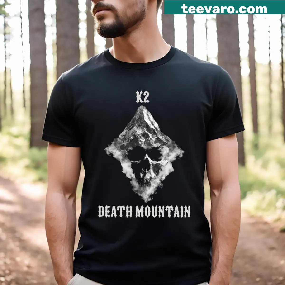Bold K2 Death Mountain t-shirt featuring rugged mountain graphics — on a men's t-shirt