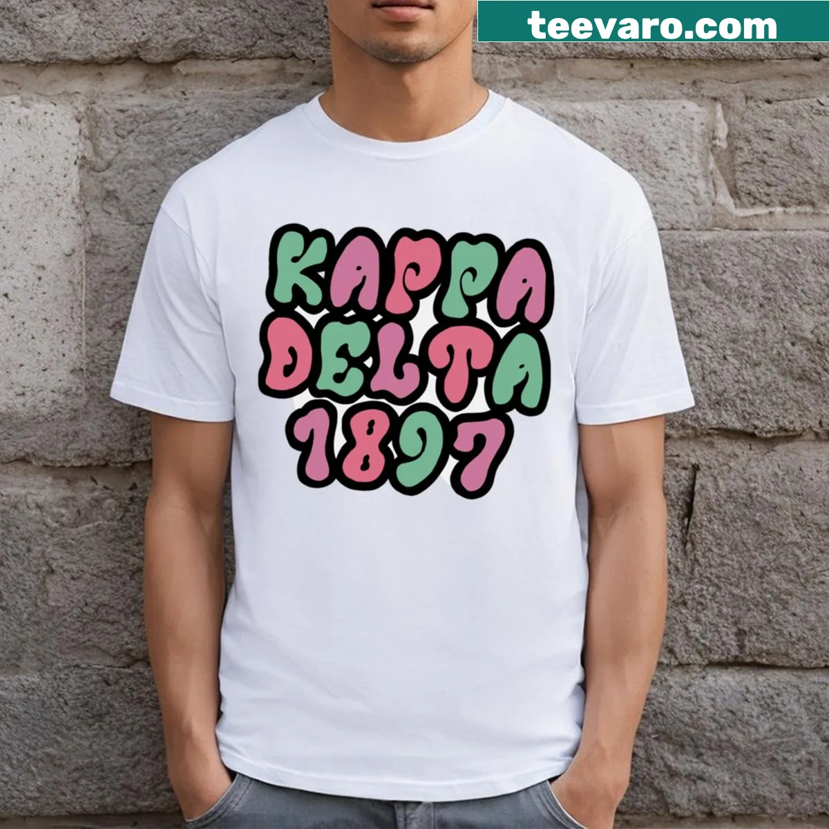 Kappa Delta T-shirt featuring a stylized wordmark for sisterhood — on a men's t-shirt