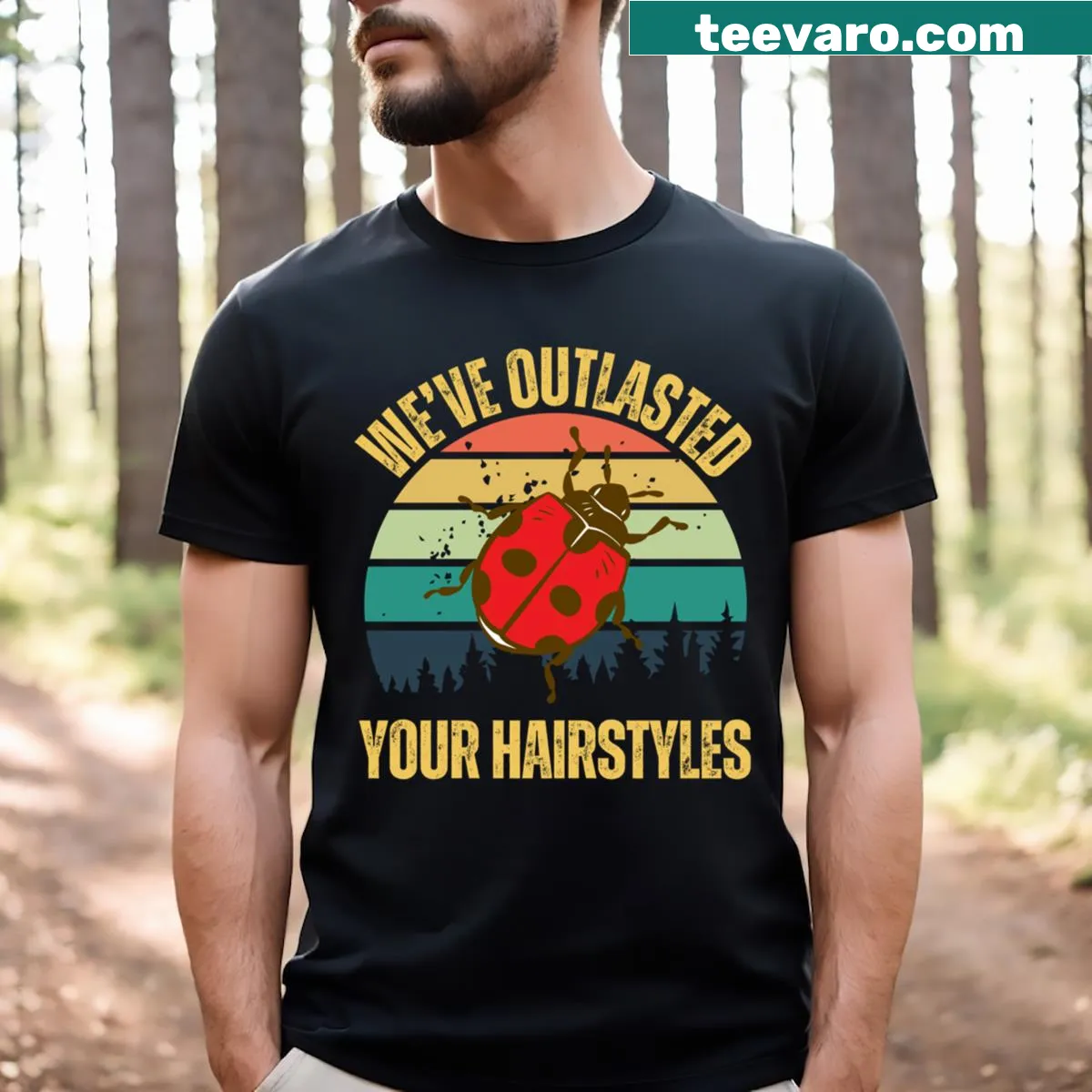 Retro sunset graphic with ladybugs on a T-shirt — on a men's t-shirt
