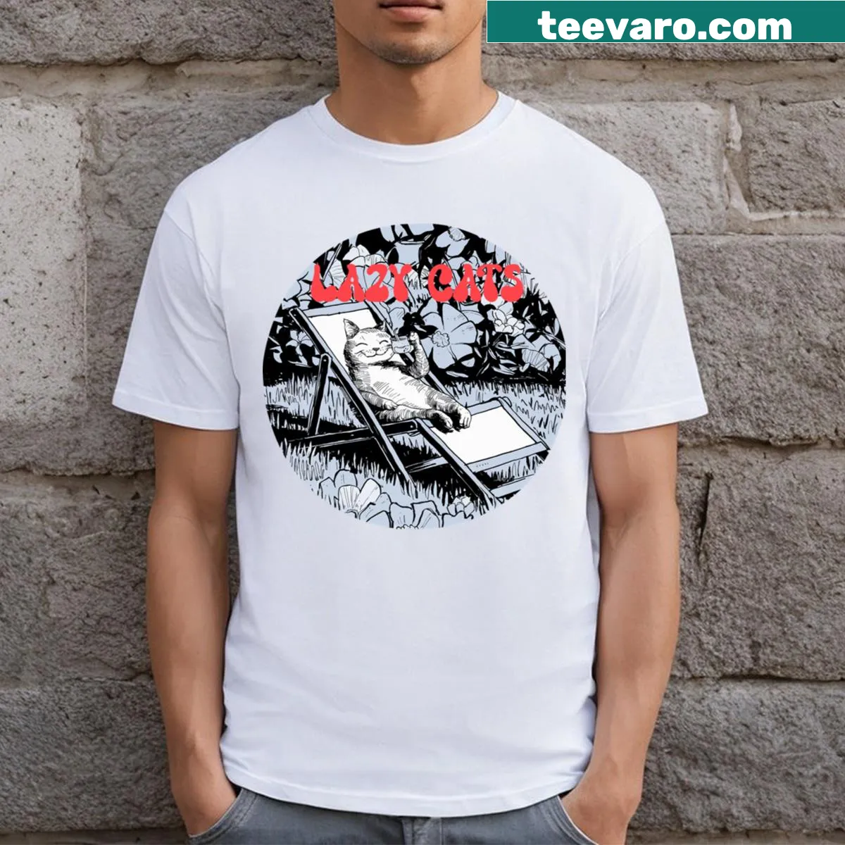 Illustration of a lazy cat lounging on a t-shirt — on a men's t-shirt