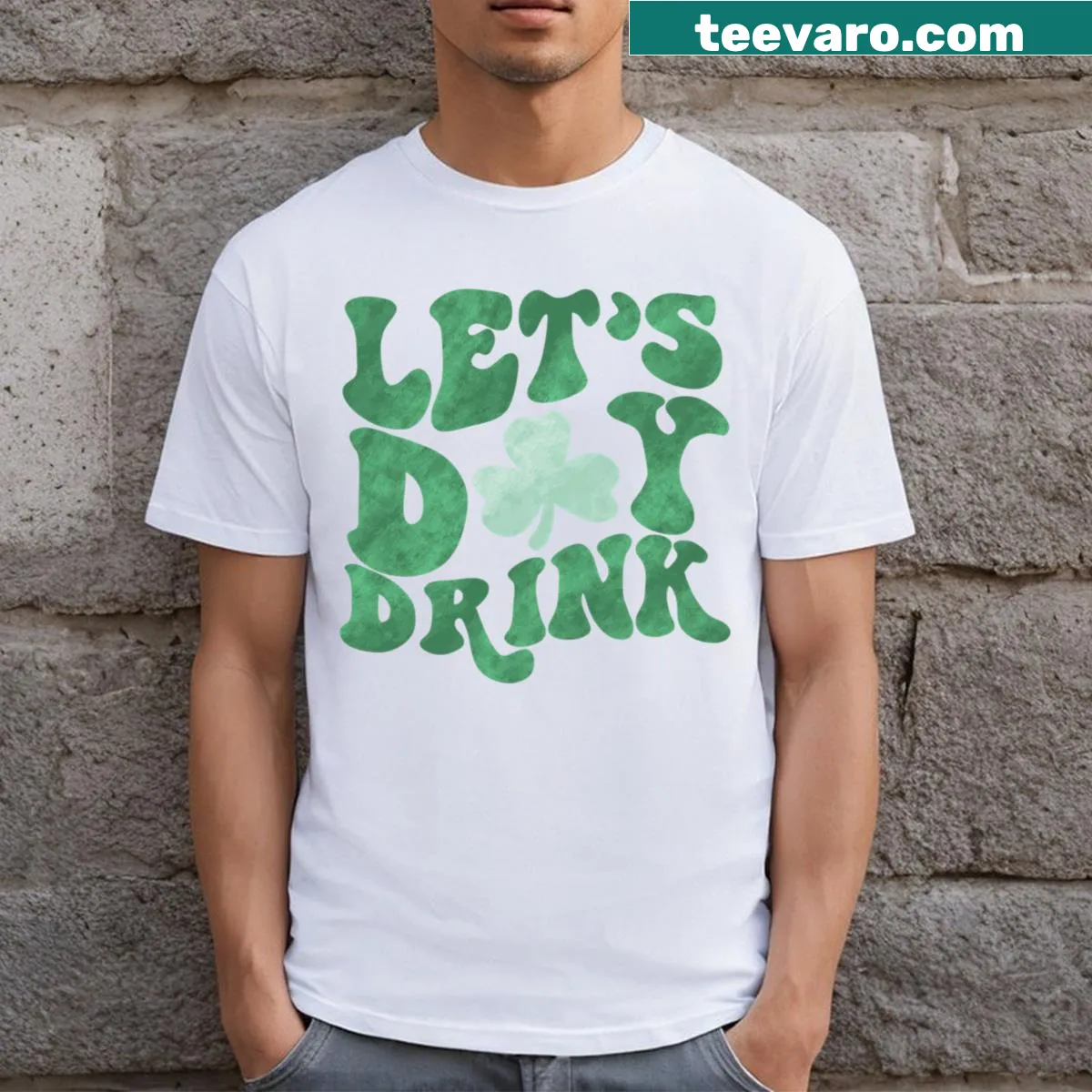 Fun typography T-shirt with the phrase Let's Day Drink — on a men's t-shirt