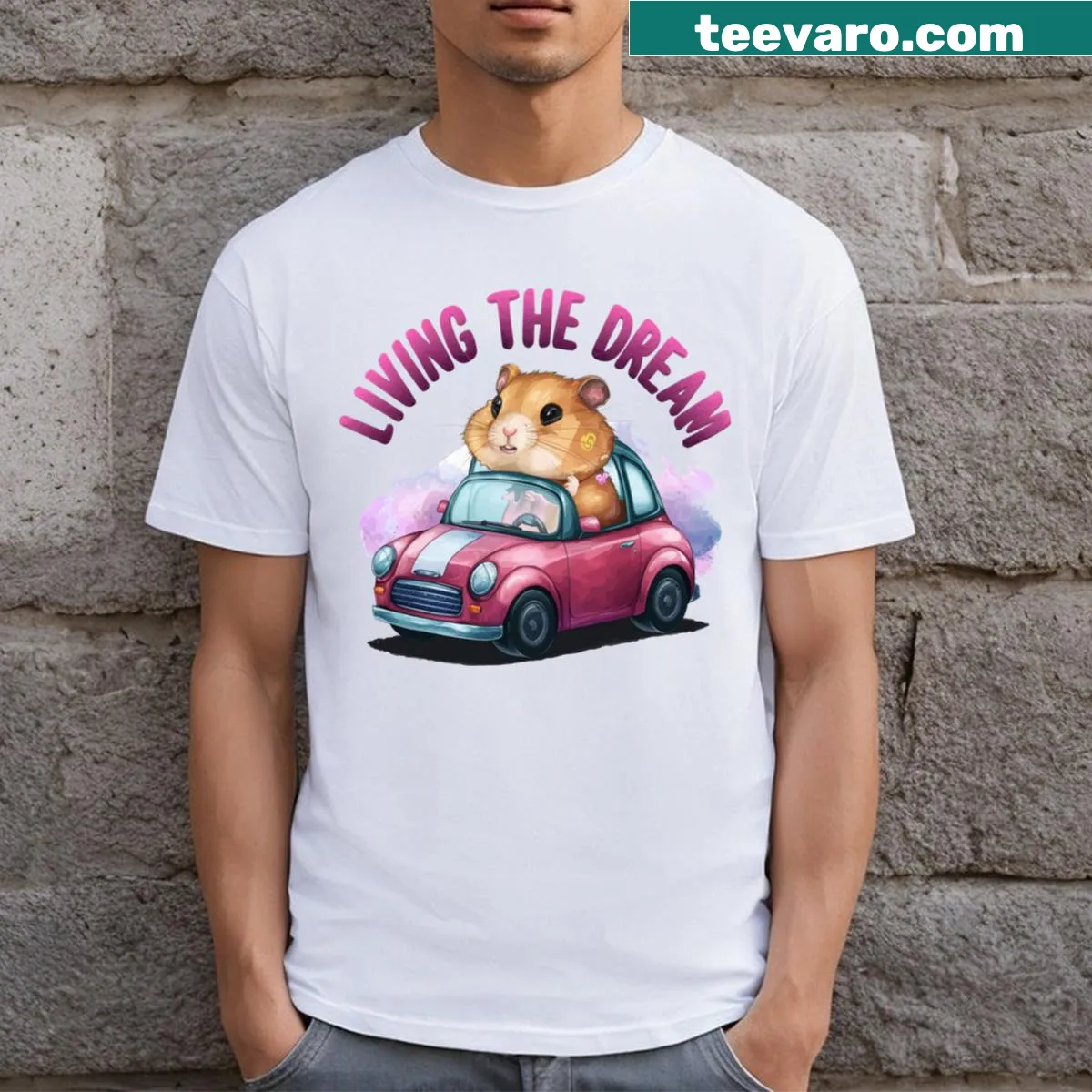 Typography t-shirt with the phrase 'Living The Dream' — on a men's t-shirt
