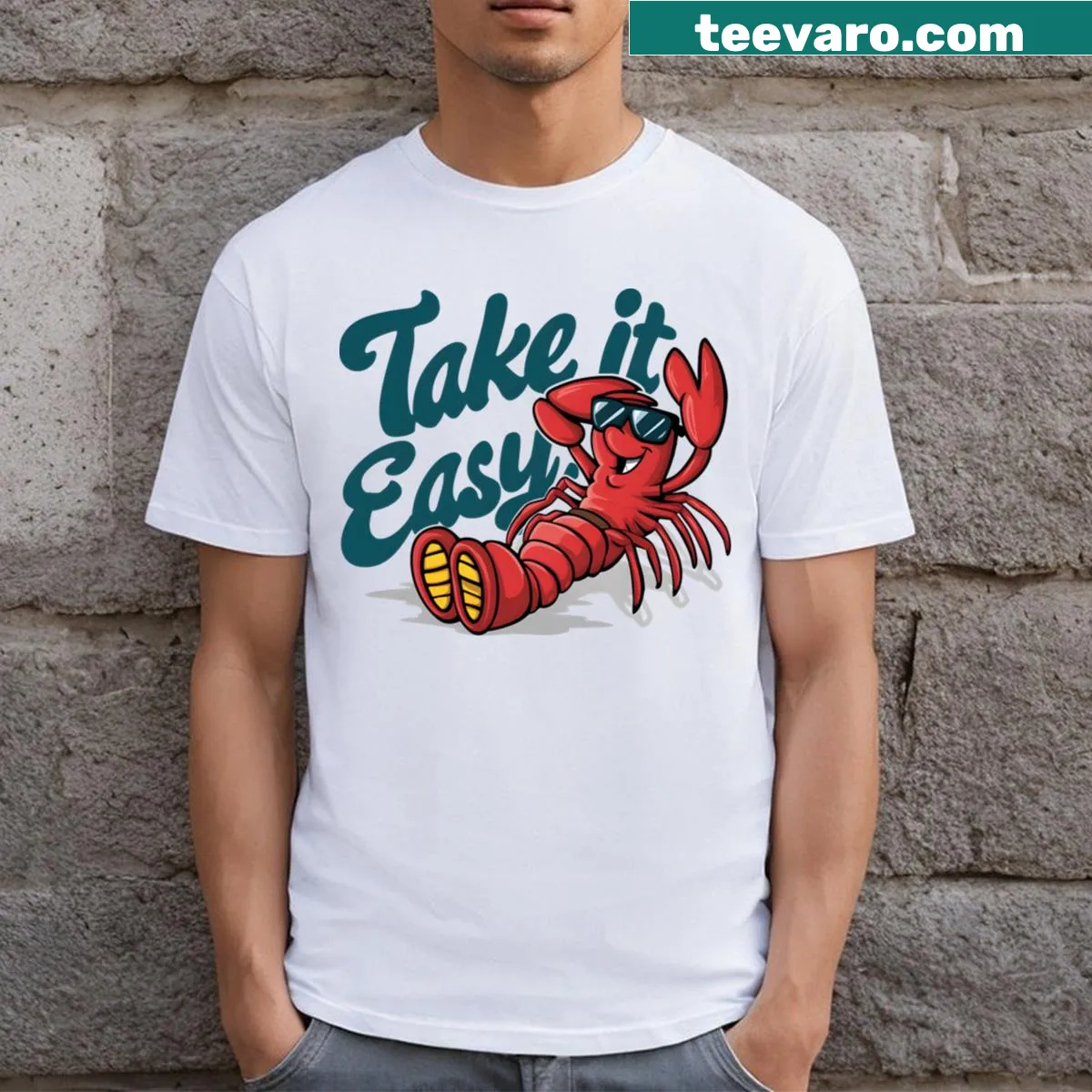 Humorous lobster illustration t-shirt with a playful message — on a men's t-shirt