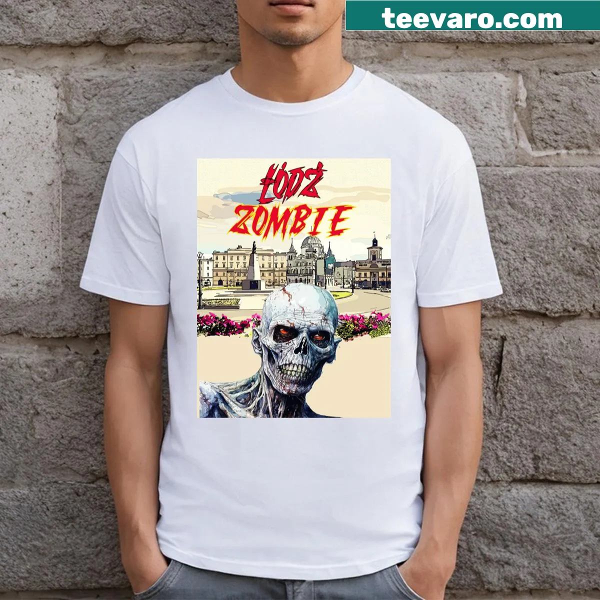 Lodz Zombie themed T-shirt with a funny zombie graphic — on a men's t-shirt
