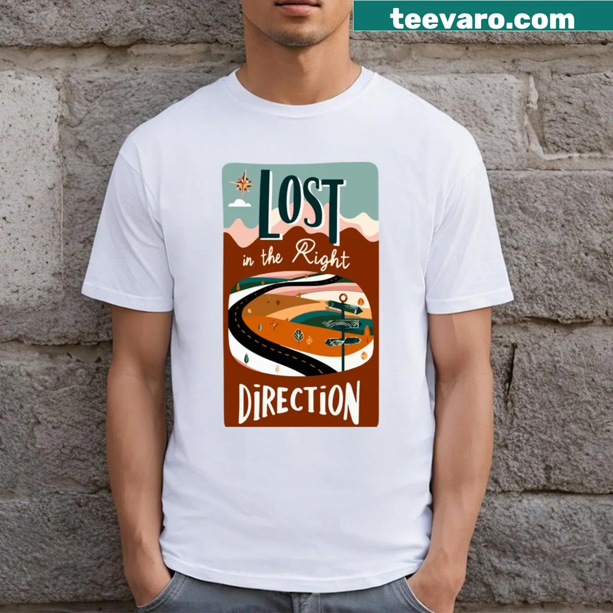 Inspirational T-shirt with typography that reads 'Lost In The Right Direction' — on a men's t-shirt